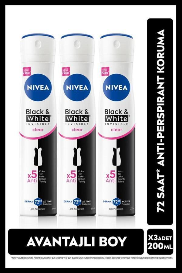 Nıvea Kadın Sprey Deodorant Black&White Invisible Clear 200Ml, 72 Saat Anti-Perspirant Ter Koruma, X3Adet - Image 1