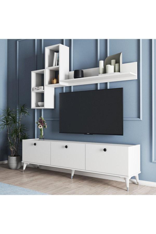 Moxen Mobilya Mt1 Mira Duvar Raflı Tv Sehpası - Kitaplıklı Tv Ünitesi Modern Beyaz - Image 1
