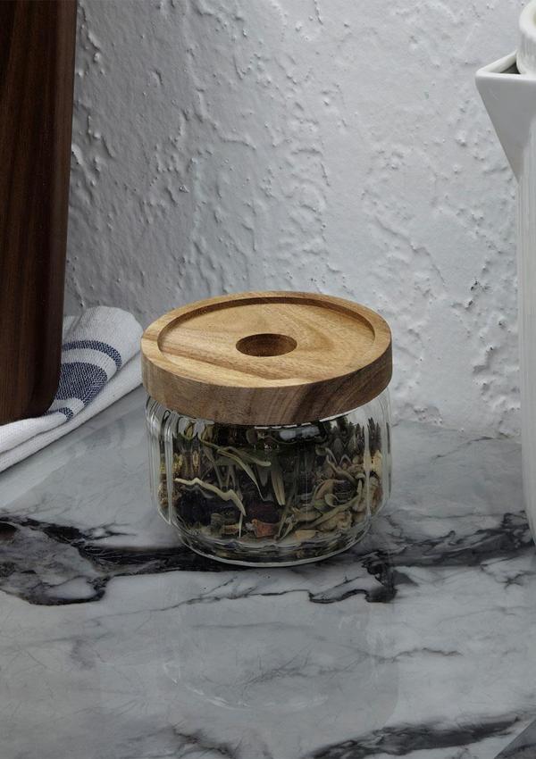 Timber Cam Kavanoz - Çizgili Saklama Kavanozu - Ahşap Kapaklı, 300 ML - Image 1