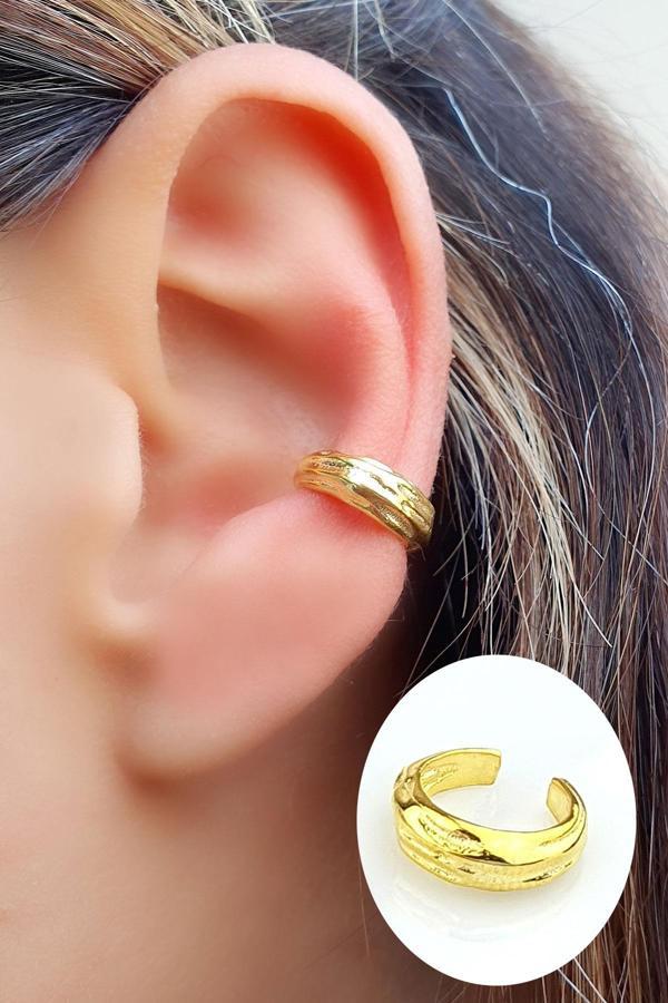 İtalyan Tasarımı 925ayar Gümüş Üzerine Altın Kaplama Sıkıştırmalı Kıkırdak Küpesi  - Image 1