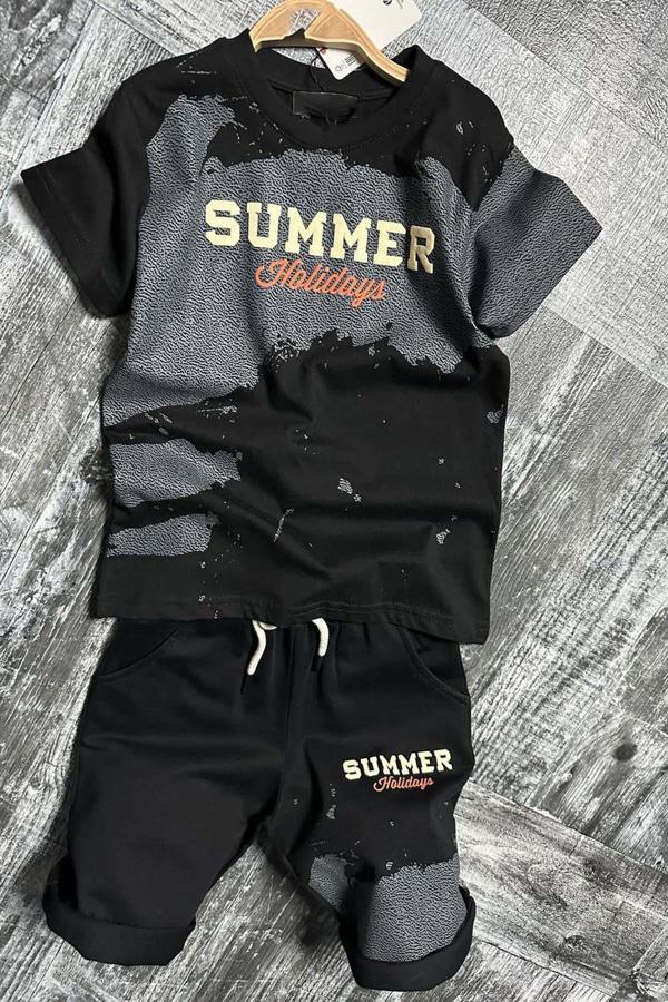 Erkek Çocuk Summer Yazı Baskılı  Cep ve İp Detaylı Siyah Şortlu Takım - Image 1