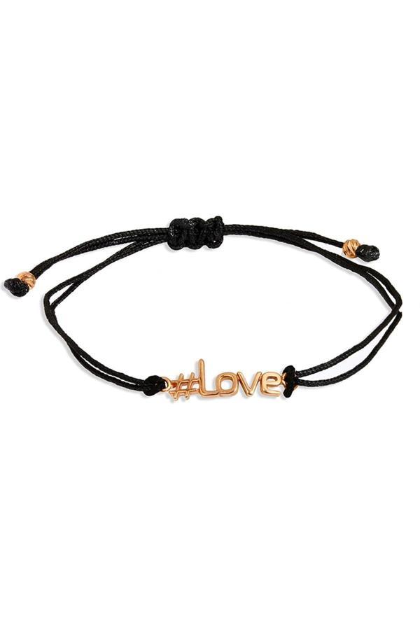Kadın #Love Yazılı Siyah İpli Gümüş Bileklik Rose Gold - Image 1