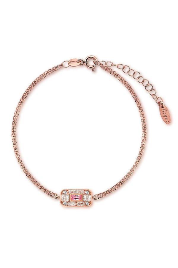 Kadın 925 Ayar Baget Pembe Taşlı Gümüş Bileklik Rose Gold - Image 1