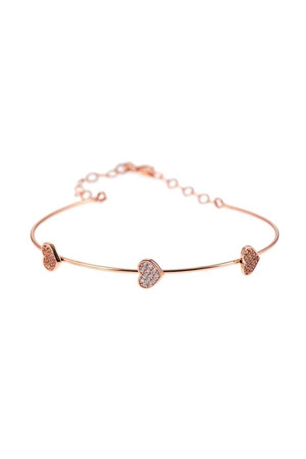Kadın 925 Ayar Kalpli Gümüş Taşlı Bileklik Rose Gold - Image 1