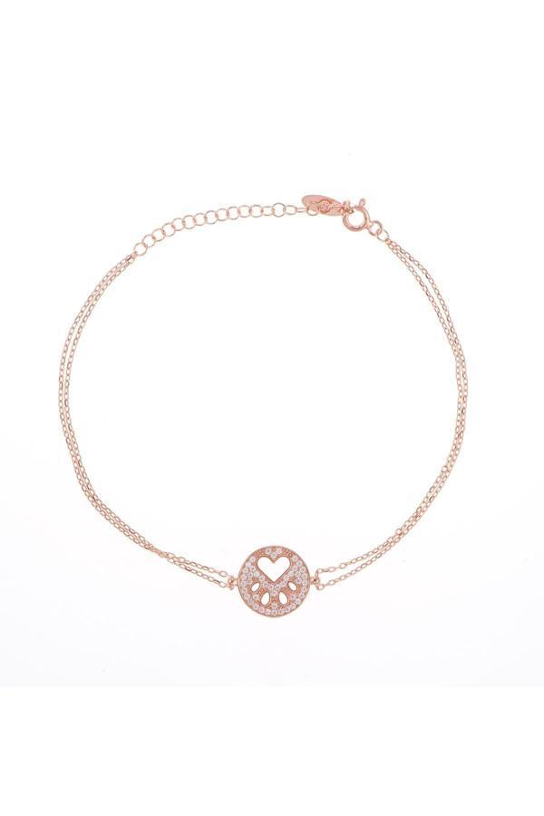Kadın 925 Ayar Kalpli Pati Taşlı Gümüş Bileklik Rose Gold - Image 1