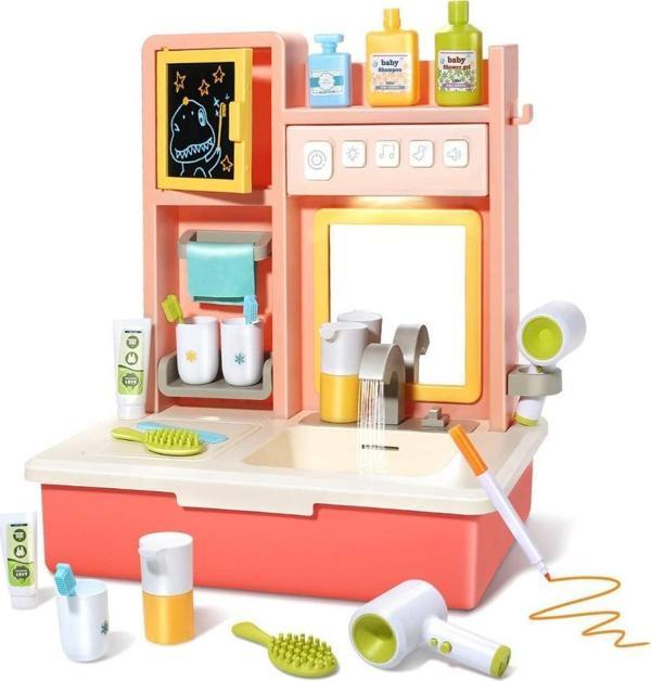 Can Oyuncak Kutulu Pilli ve Işıklı Lavabo Banyo Dolaplı Pembe - Image 1