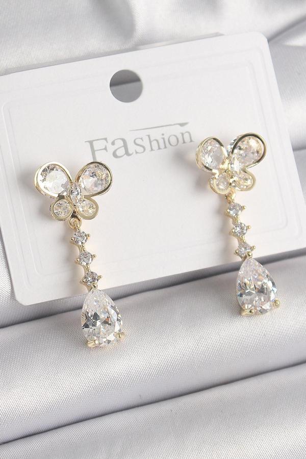 Zarif Kadın için Golden Pirinç Zirkonlu Kelebek Damla Küpe - Image 1