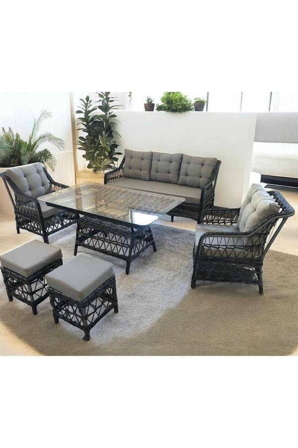 Garden House Antrasit Gri Rattan Gri Kumaşlı Alüminyum Bahçe Koltuk Takımı 3 1 1 2 Puf Masa Bahçe Balkon Takımı - Image 1