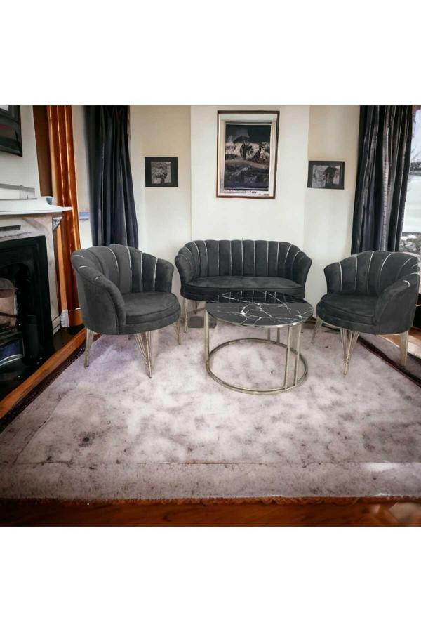 Garden House Gri Metal Ayak Antrasit Renk Kumaş Çay Seti Koltuk Takımı Ofis Koltuk Takımı Berjer - Image 1