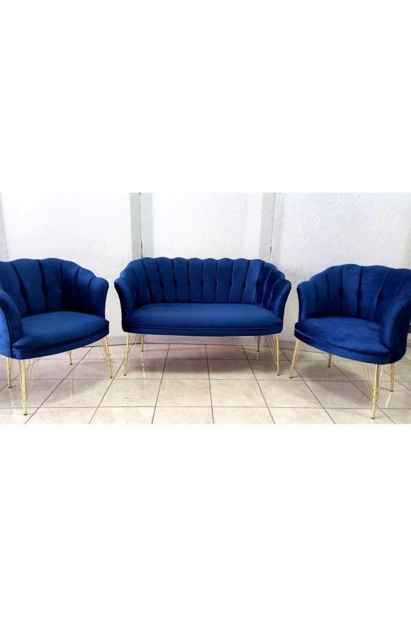Garden House Parliament Saks Mavi Kumaş Metal Ayak Ofis Koltuk Takımı Bekleme Çay Seti Koltuk Takımı - Image 1