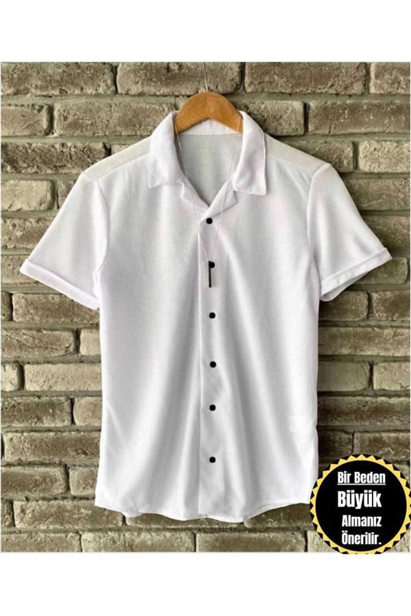 Rockblack Salaş Beyaz Erkek Likralı Yazlık Kısa Kol Gömlek Redsonne - Image 1