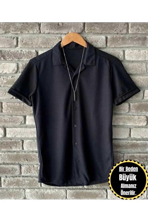 Rockblack Salaş Siyah Erkek Likralı Yazlık Kısa Kol Gömlek Redsonne - Image 1