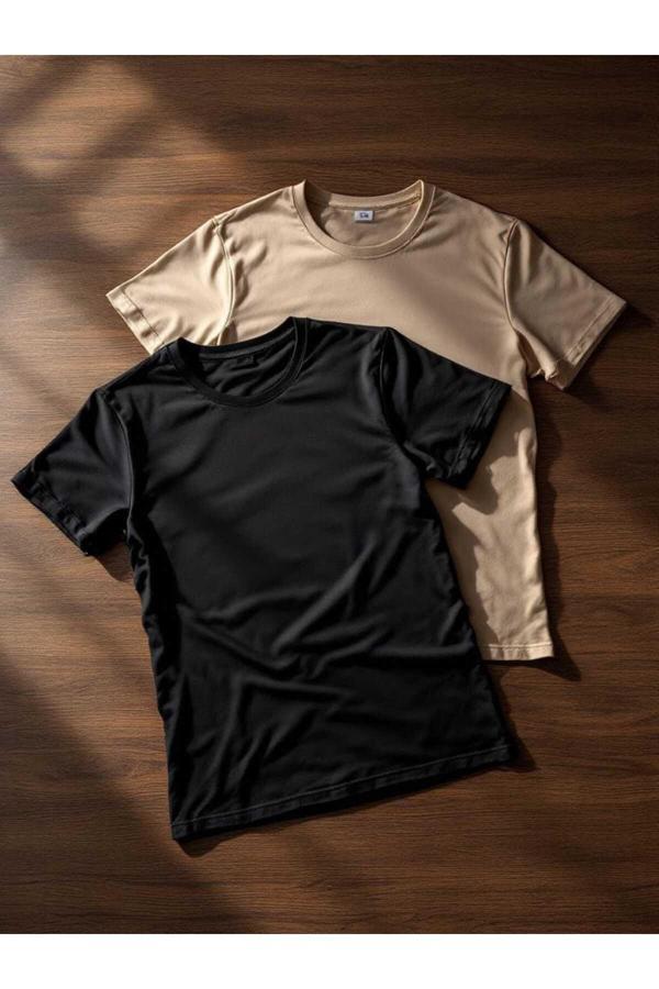 Rockblack Erkek Siyah-Bej %100 Pamuk Slim Fit T-Shirt 2 Li Paket - Image 1
