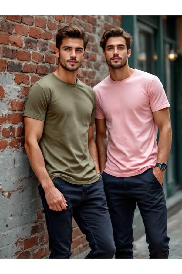 Rockblack Erkek Haki-Pudra Renk %100 Pamuk Slim Fit T-Shirt 2 Li Paket - Image 1