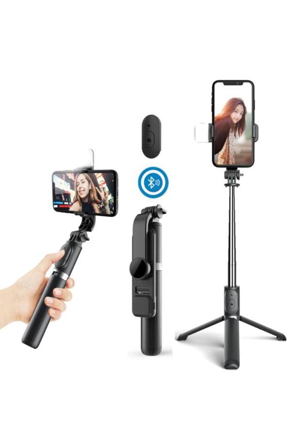 Işıklı Selfie Stick 360 Derece Bluetooth Kumandalı Selfie Çubuğu Fill Light Tripod Q02S - Image 1