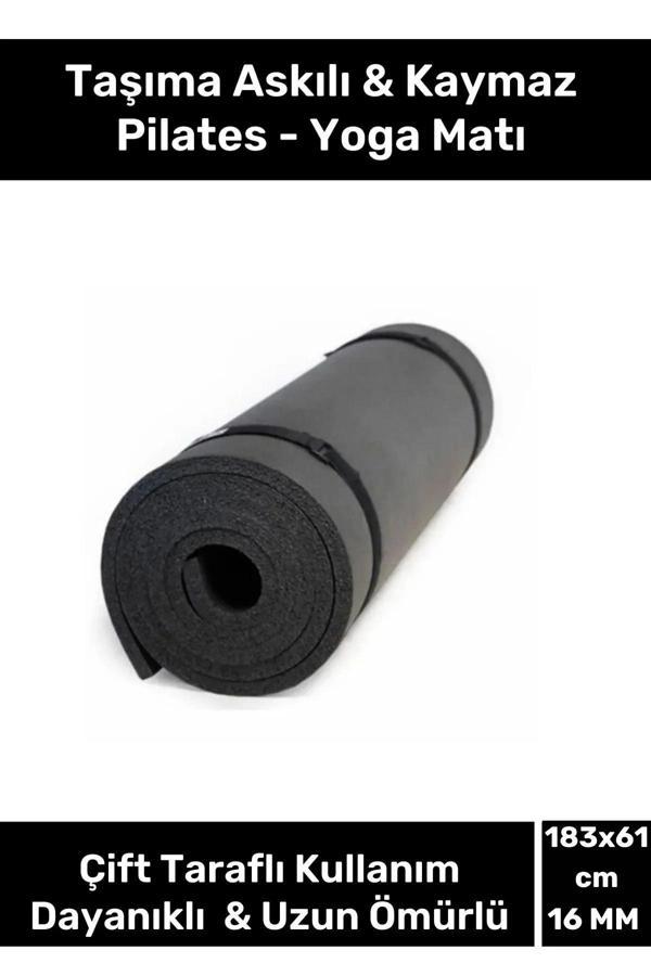 Dayanıklı Taşıma Askılı Konfor Modeli Çift Taraflı Kaymaz Yoga Meditasyon Minderi 16mm Siyah Mat - Image 1