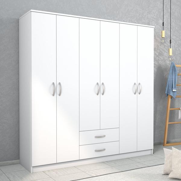 Nisa 6 Kapılı 2 Çekmeceli 7 Raflı Geniş Gardrop Beyaz - GRD1101 - Image 1