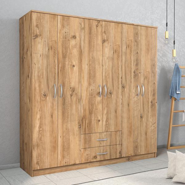 Nisa 6 Kapılı 2 Çekmeceli 7 Raflı Geniş Gardrop Çam - GRD1102 - Image 1
