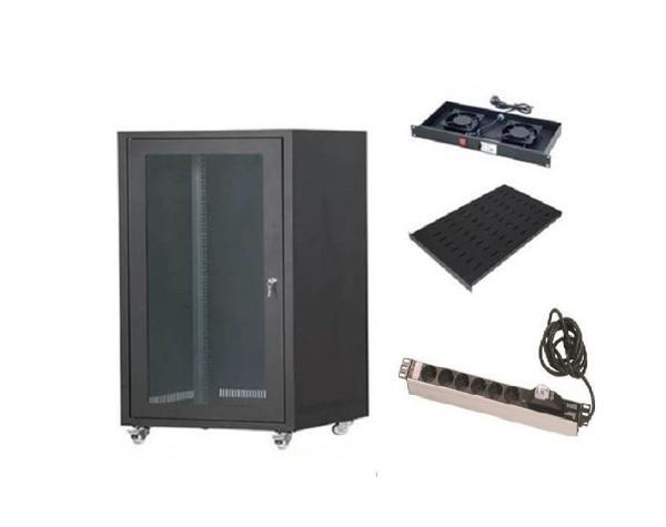 SETRACK 19'' 16U 600X600 CAMLI TEKERLEKLİ RACK KABİNET+FAN+SABİT RAF+PRİZ - Image 1