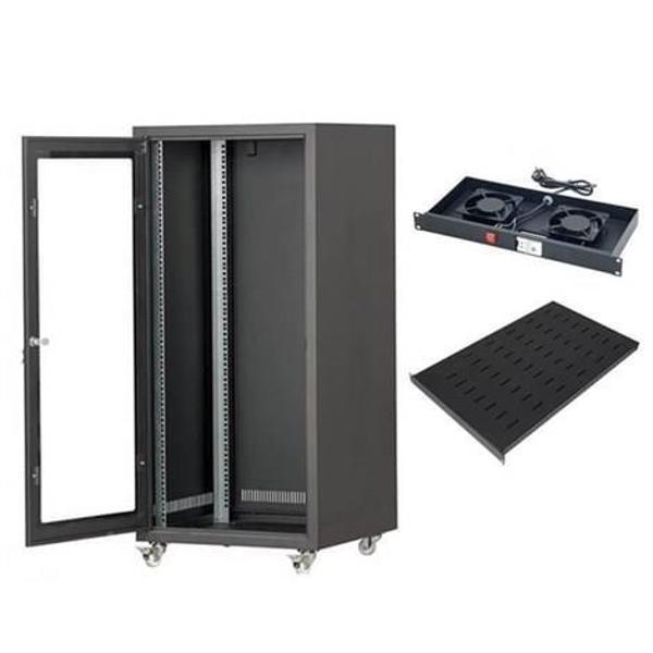SETRACK 16U 600X800 CAMLI TEKERLEKLİ RACK KABİNET+SABİT RAF+2Lİ FAN MODÜLÜ - Image 1