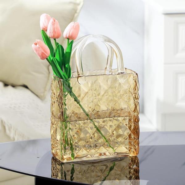 Çanta Vazo Köşeli Model Cam Çiçek Vazosu Dekoratif Bal Amber Vazo Büyük Boy Glass Bag Vase - Image 1