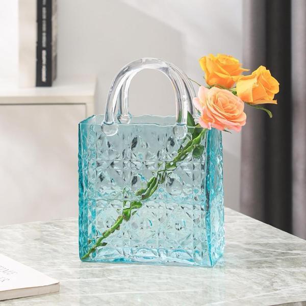Çanta Vazo Köşeli Model Cam Çiçek Vazosu Dekoratif Mavi Vazo Büyük Boy Glass Bag Vase - Image 1