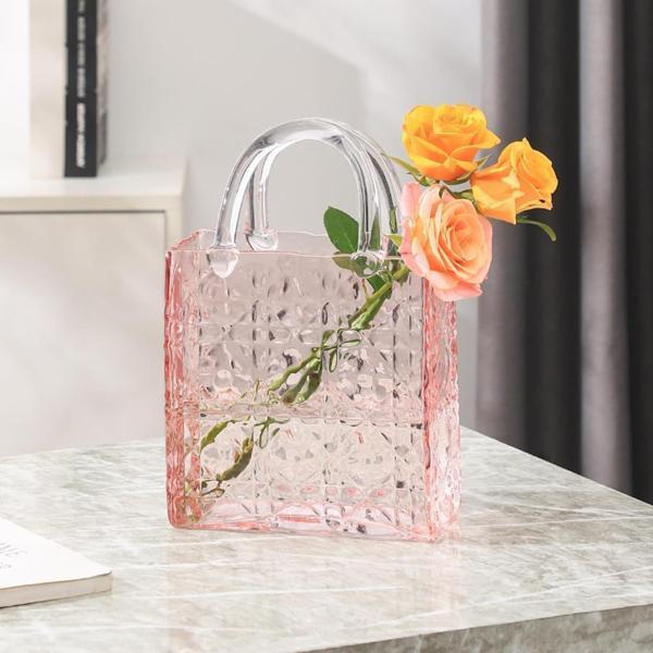 Çanta Vazo Köşeli Model Cam Çiçek Vazosu Dekoratif Pembe Vazo Büyük Boy Glass Bag Vase - Image 1