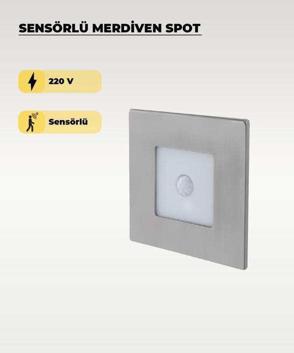 3W Krom Kare Sensörlü Sıva Altı Merdiven Spot 6500K (Beyaz Işık) - Image 1