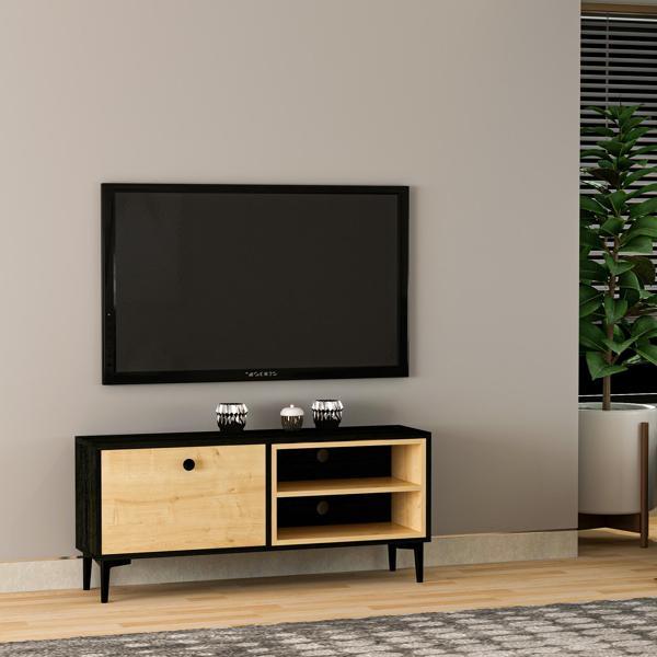 T004 Minimal Tv Sehpası Ahşap Siyah/Safir Meşe - Image 1