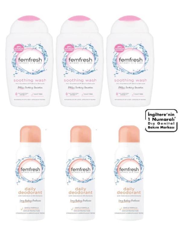 Femfresh Genital Bölge Rahatlatıcı Yıkama Jeli 250 Ml 3 Adet + Genital Bölge Deodorantı - Intimate Deodorant 125 Ml 3 Ad - Image 1