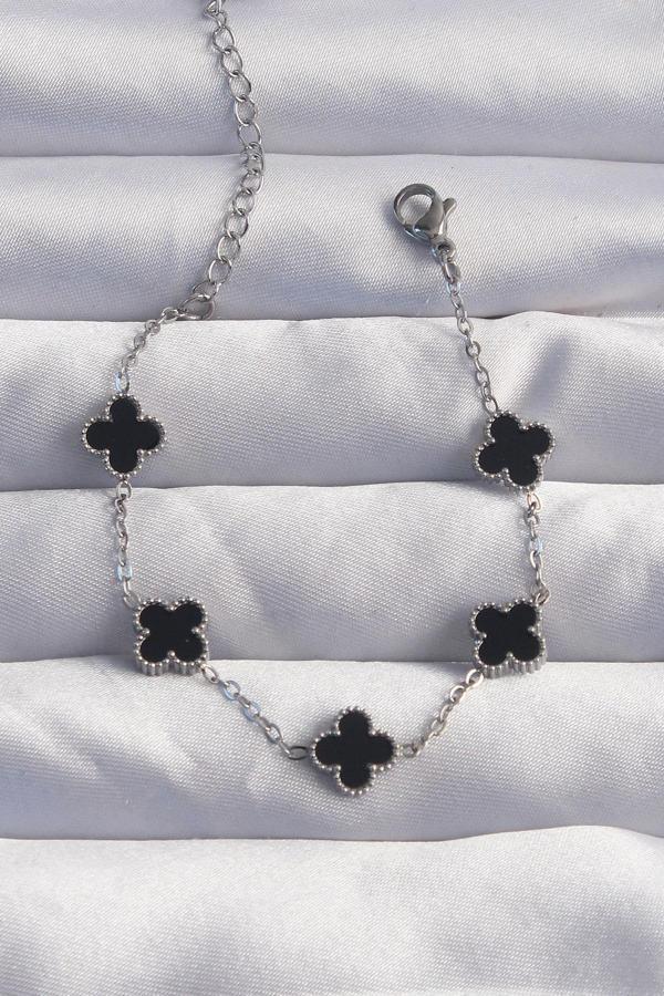 316L Çelik Baby Boy Gümüş Renk Siyah Mineli Yonca Bileklik - Image 1