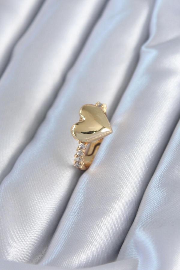Gold Renk Pirinç Zirkon Taşlı Kalp Model Kadın Yüzük - Image 1