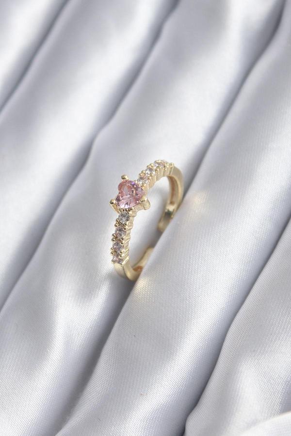 Gold Renk Zirkon Taşlı Pembe Kristal Kalp Model Kadın Yüzük - Image 1