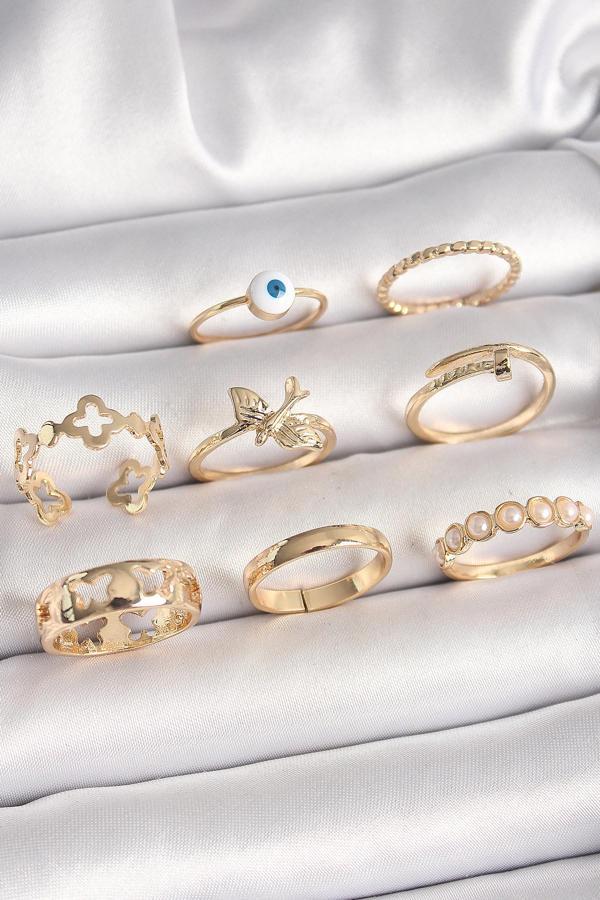 Pirinç Gold Renk Nazar Boncuk Model Kuş Detay Kadın Yüzük Kombini - Image 1