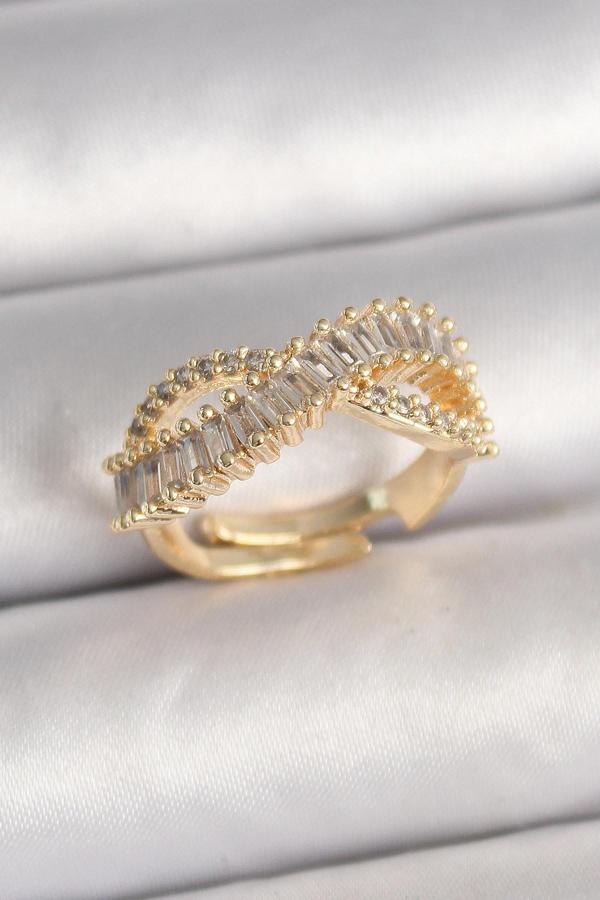 Pirinç Gold Renk Su Yolu Zirkon Taşlı Sonsuzluk Model Ayarlanabilir Kadın Yüzük - Image 1