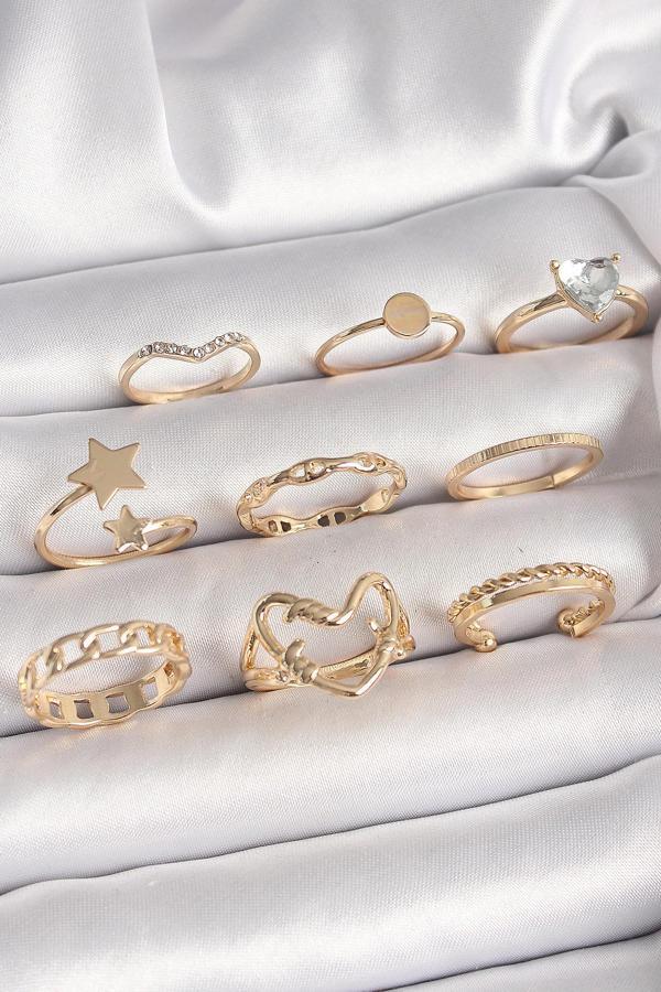 Pirinç Gold Renk Zirkon Taş Detaylı Kalp Yıldız Figür Kadın Yüzük Kombini - Image 1