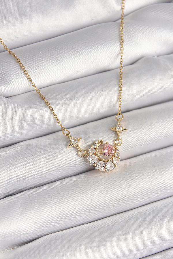 316L Çelik Gold Renk Zirkon Taşlı Hilal Pembe Kalp Model Kadın Kolye - Image 1