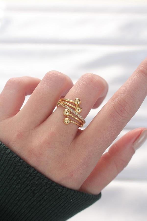 Topçuk Model Zirkon Taşlı Gold Renk Ayarlanabilir Yüzük - Image 1