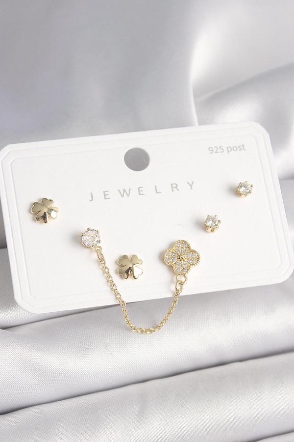 925 Ayar Gümüş Çivi Pirinç Gold Renk Zirkon Taşlı Yonca Model Sallantı Zincir Detay Kadın Küpe Seti - Image 1