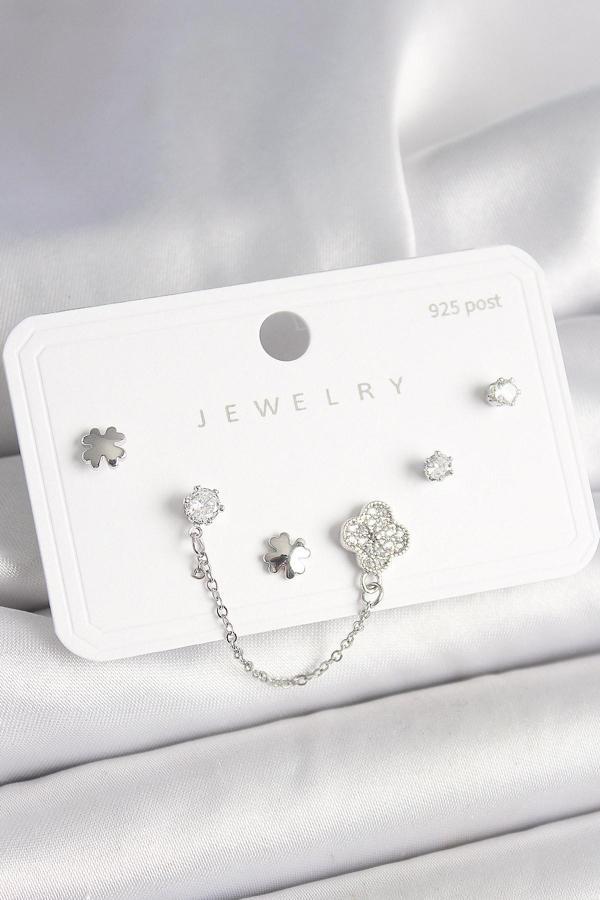 925 Ayar Gümüş Çivi Pirinç Gümüş Renk Zirkon Taşlı Yonca Model Sallantı Zincir Detay Kadın Küpe Seti - Image 1