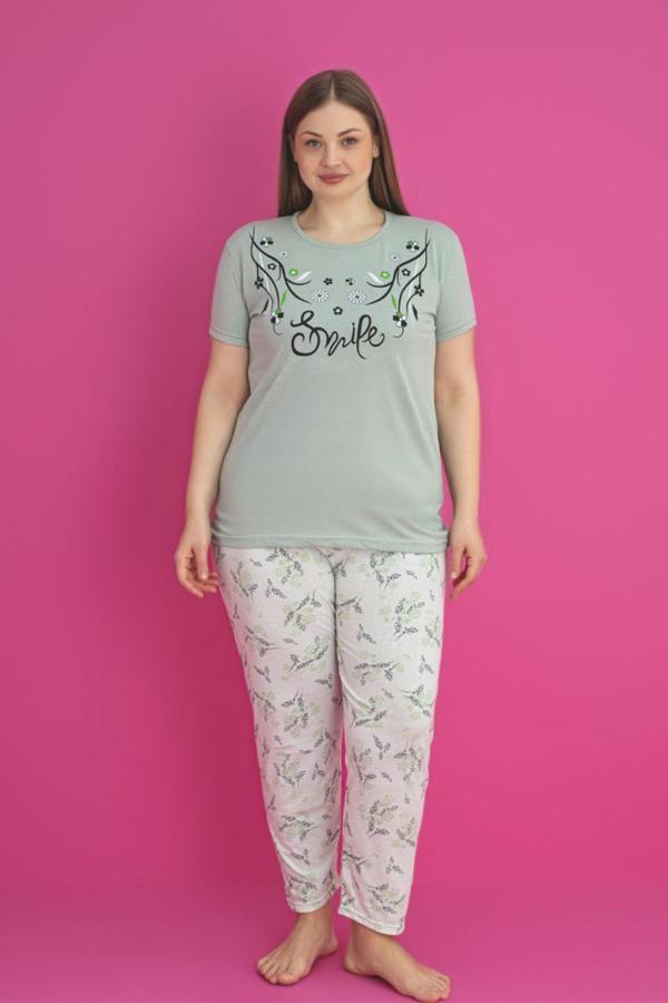 X-Dreamy Büyük Beden Pamuklu Çiçekli Kısa Kollu Pijama Takımı - Image 1