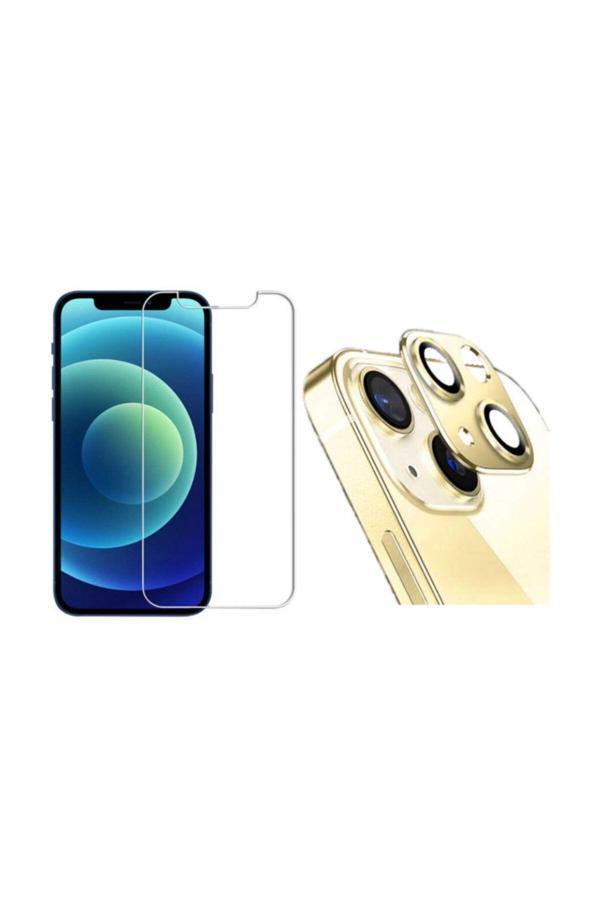 Apple Iphone 13 Uyumlu Nano Micro Temperli Ekran Koruyucu Ve Kamera Lens Koruyucu Gold - Image 1