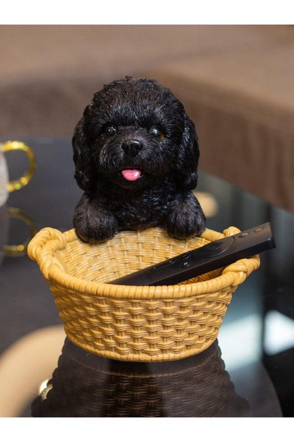 Taşdevri Life Yeni Sevimli Sepetli Siyah Köpekcik, Dekoratif Biblo, Kumandalık, Sunumluk - Image 1
