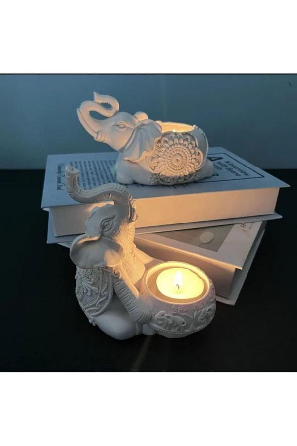 Taşdevri Life 2 Li Dekoratif Fil Mumluk Tealight Mumluk Beyaz - Image 1