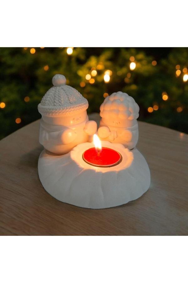 Taşdevri Life Dekoratif Ateş Başında Isınan Kardan Adam  Tealight Mumluk Tealight - Image 1