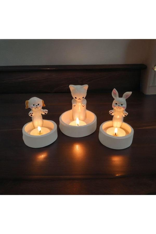 Taşdevri Life Dekoratif Ateş Başında Isınan Kedi Köpek Ve Tavşan Tealight Mumluk - Image 1