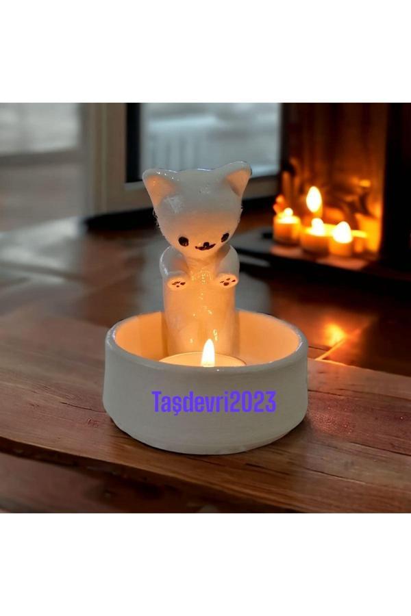 Taşdevri Life Dekoratif Ateş Başında Isınan Kedi Tealight Mumluk - Image 1