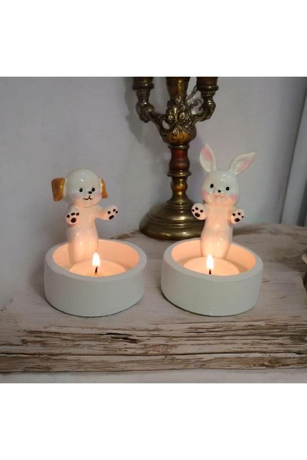 Taşdevri Life Dekoratif Ateş Başında Isınan Köpek Ve Tavşan Seti Tealight Mumluk - Image 1