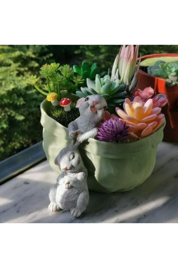 Taşdevri Life Sepetten Sarkan Sevimli Tavşanlar Dekoratif Saksı 2 - Image 1