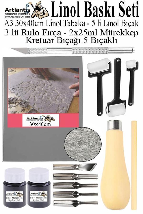 Linol Baskı Seti 1 Paket A3 30x40 Linolyum Tabaka Gri Kretuar Linol Oyma Seti 5 Bıçaklı Rulo Fırça Mürekkep Linol Baskı - Image 1